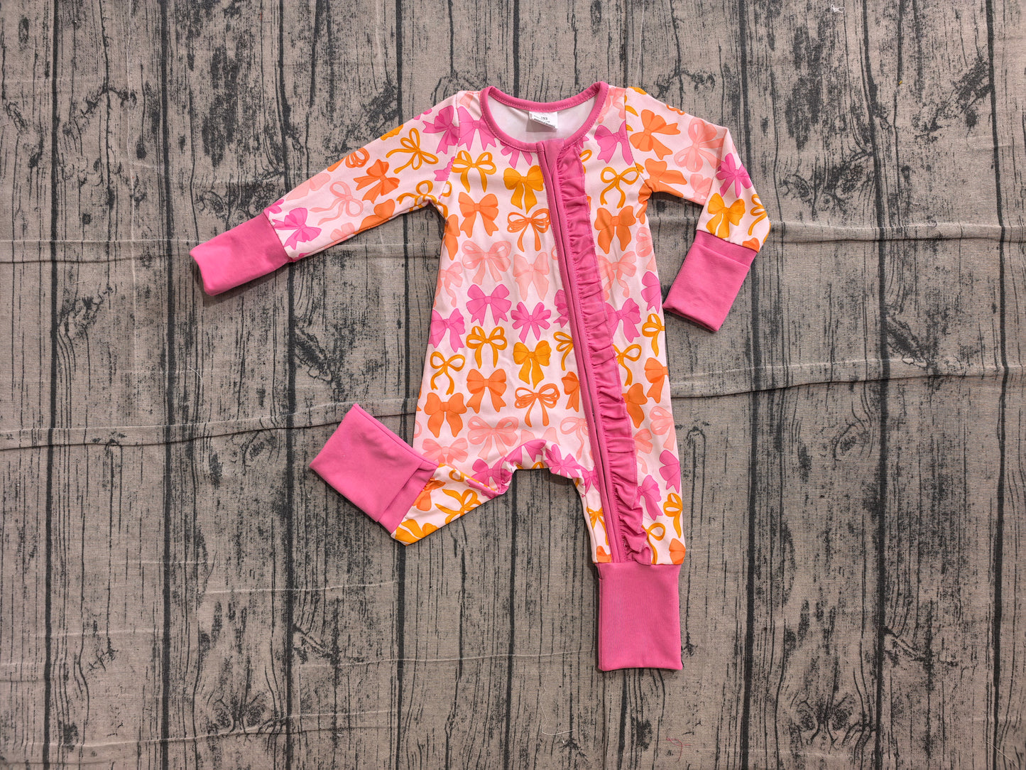 6.10 LR2567 Sample No Moq Baby Girls Cute Pink Bow Plaid Printed Long Sleeve Two Way Zip Ruffle Convertible Rompers