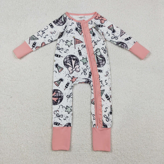 10.22 RTS NO MOQ (In stock)LR2571 Baby Girls Winter Rompers Baby Girls Happy New Year Ruffle Zipper Footie Rompers