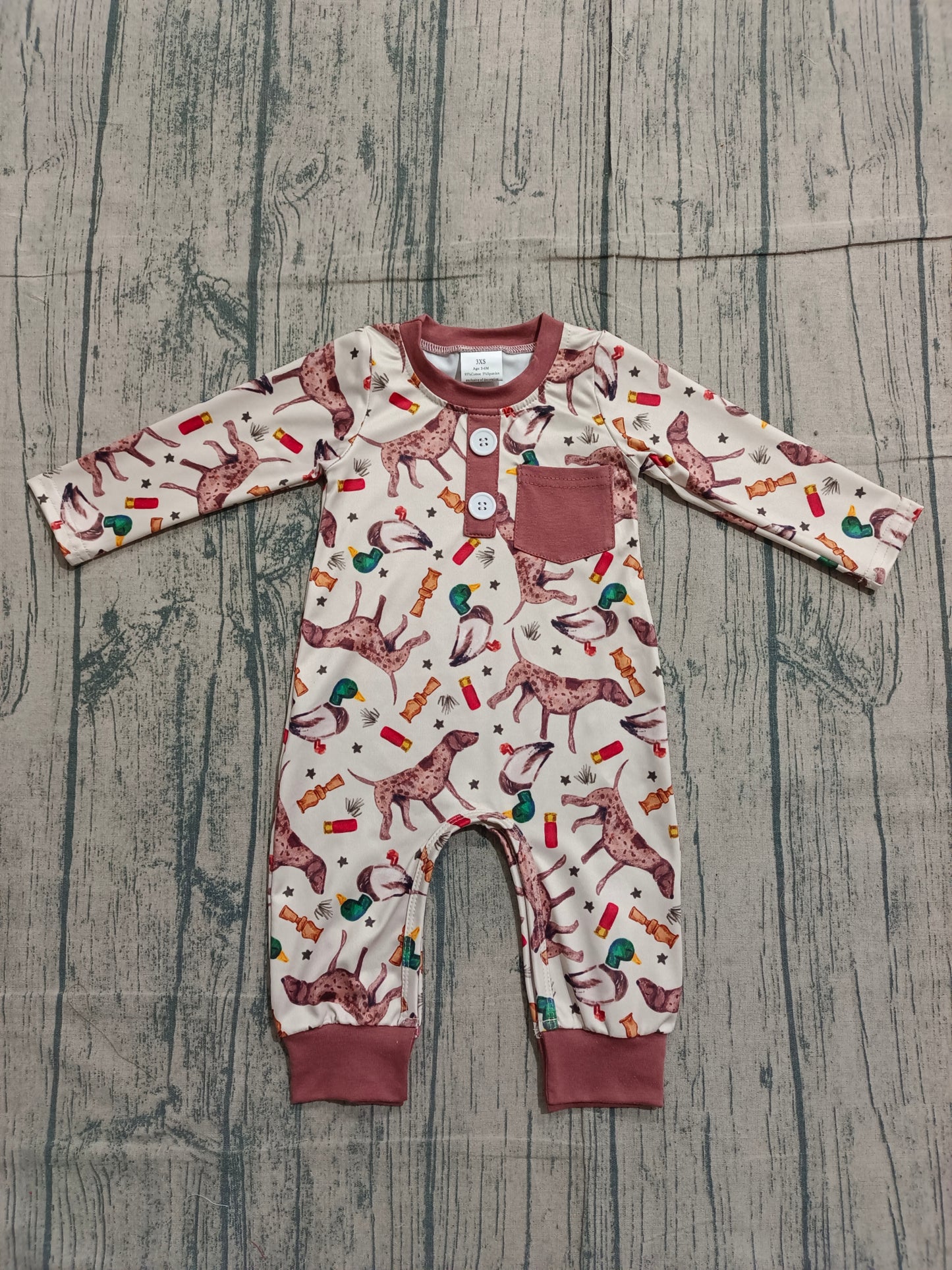 1.9 LR2576 Sample No Moq Baby Boys Ducks Dogs Button Pocket Hunting Footie Rompers