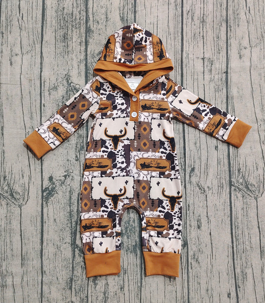 9.15 LR2592 Sample No Moq Fast Coming Baby Boys Brown Aztec Bull Skulls Western Button Hoodie Footie Rompers
