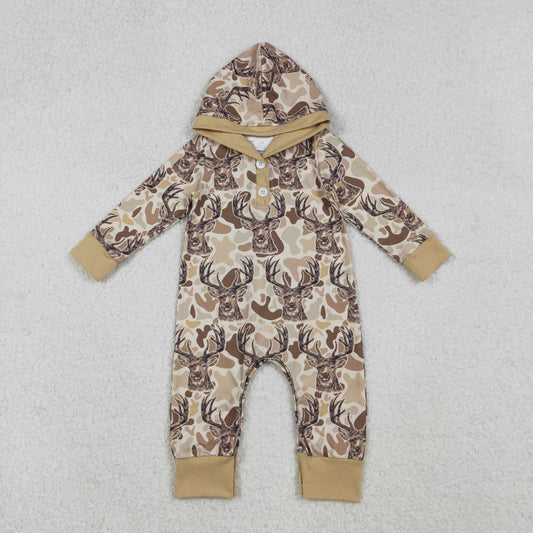 10.10 RTS NO MOQ (In stock)LR2593 Baby Boys Winter Rompers Baby Boys Khaki Camo Deer Button Hoodie Hunting Rompers