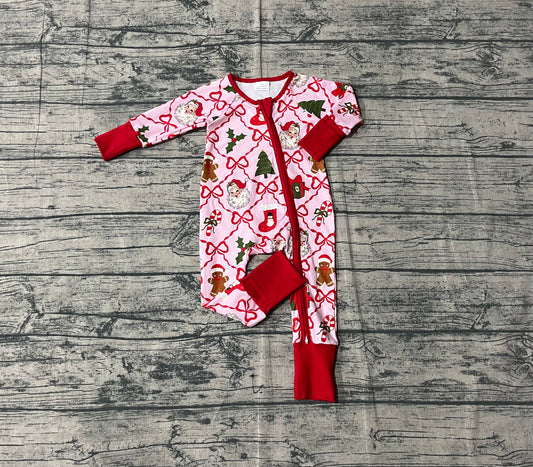 9.16 LR2632 Sample No Moq Fast Coming Baby Girls Red Bows Santa Gifts Plaid Christmas Zipper Footie Rompers