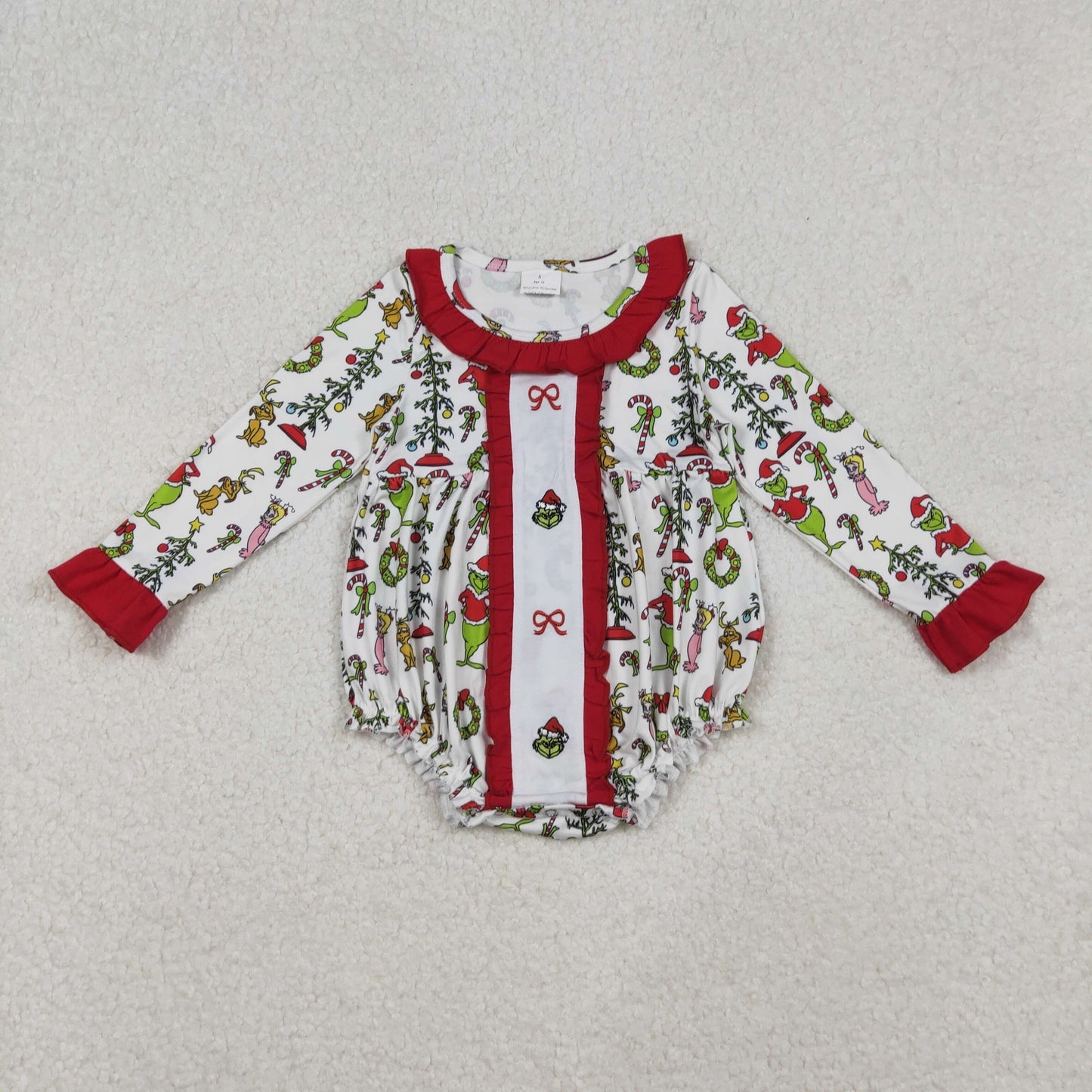 10.15 RTS NO MOQ (In stock)LR2635 Baby Girls Winter Rompers Baby Girls Grin Bows Holly Christmas Ruffle Collar Rompers