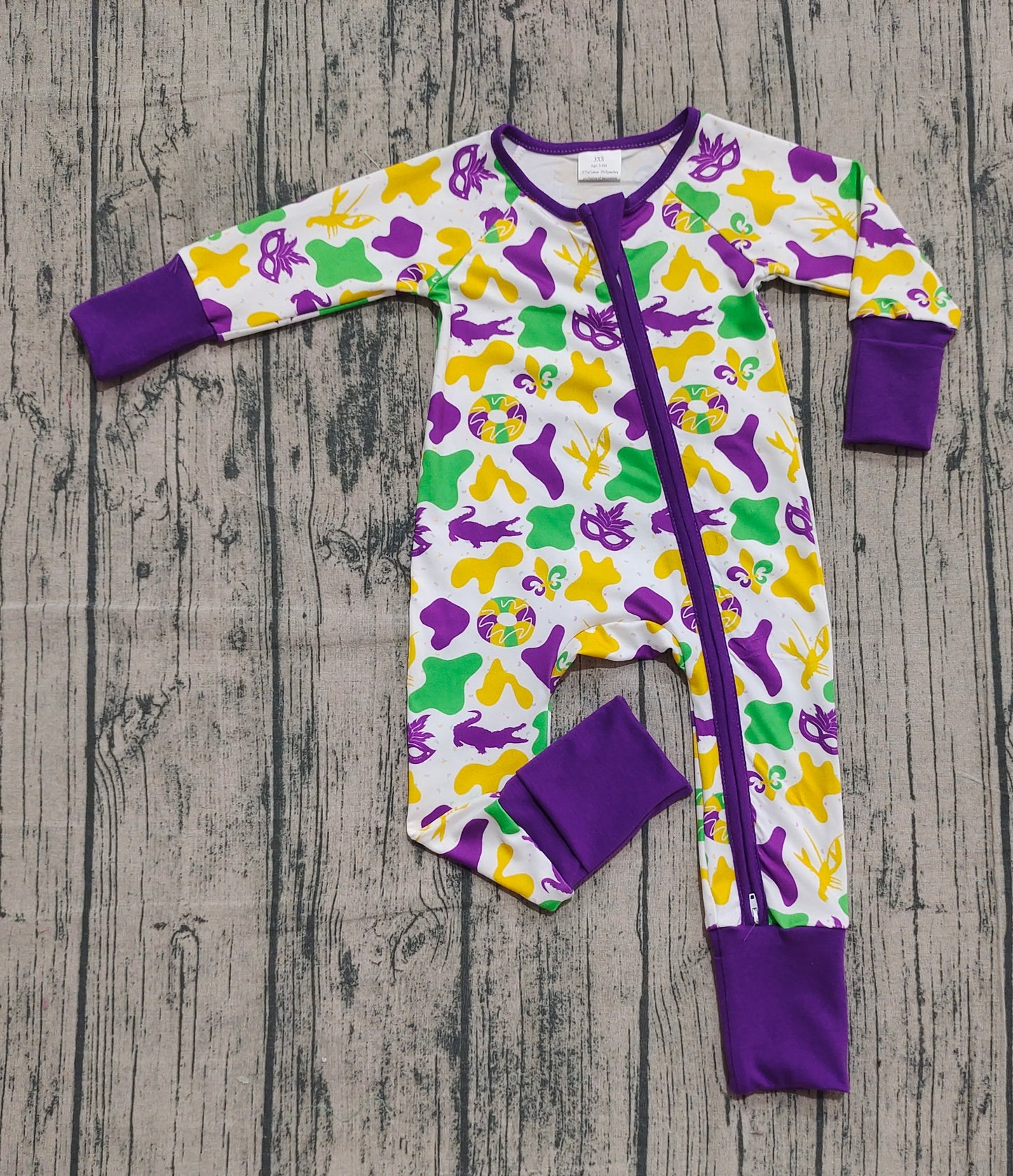 9.19 LR2637 Sample No Moq Fast Coming Baby Boys Purple Yellow Green Camo Crayfishes Mardi Gras Zipper Footie Rompers