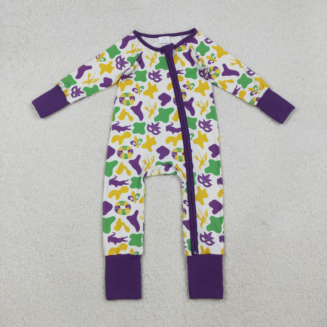 10.22 RTS Sibling Baby Boys Girls Long Sleeves Mardigras Two Way Zip Convertible Rompers