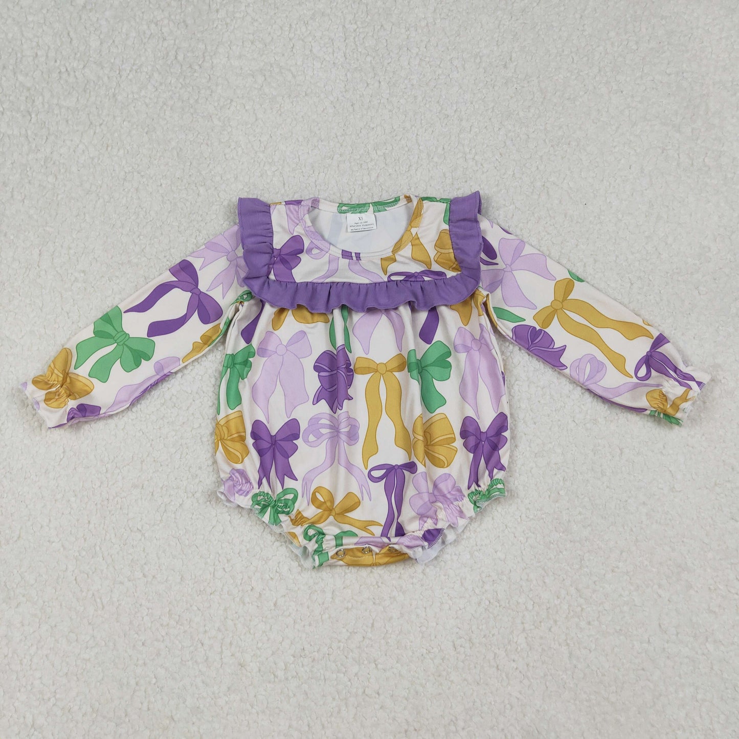 10.1 RTS NO MOQ (In stock)LR2642 Baby Girls Winter Rompers Baby Girls Mardigras Bows Ruffle Sleeve Rompers