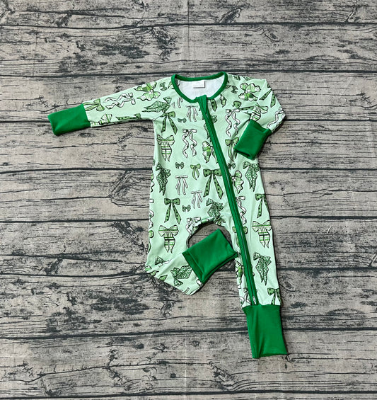 9.17 LR2654 Sample No Moq Fast Coming Baby Boys Green Clover Bows St Patrick Zipper Footie Rompers