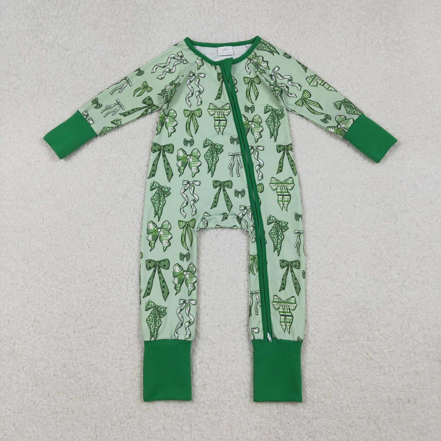 9.30 RTS Sibling Baby Girls Green Clovers Bows Top Pants St Patrick Pajamas Sets Zipper Rompers
