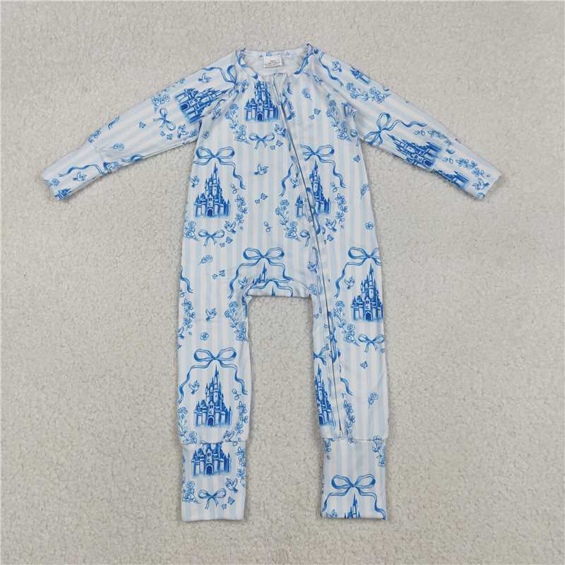 11.26 RTS NO MOQ (In stock)LR2661 Baby Girls Blue Stripe Bows Castles Two Way Zip Convertible Rompers