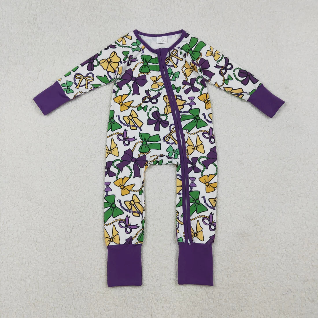 10.22 RTS Sibling Baby Boys Girls Long Sleeves Mardigras Two Way Zip Convertible Rompers