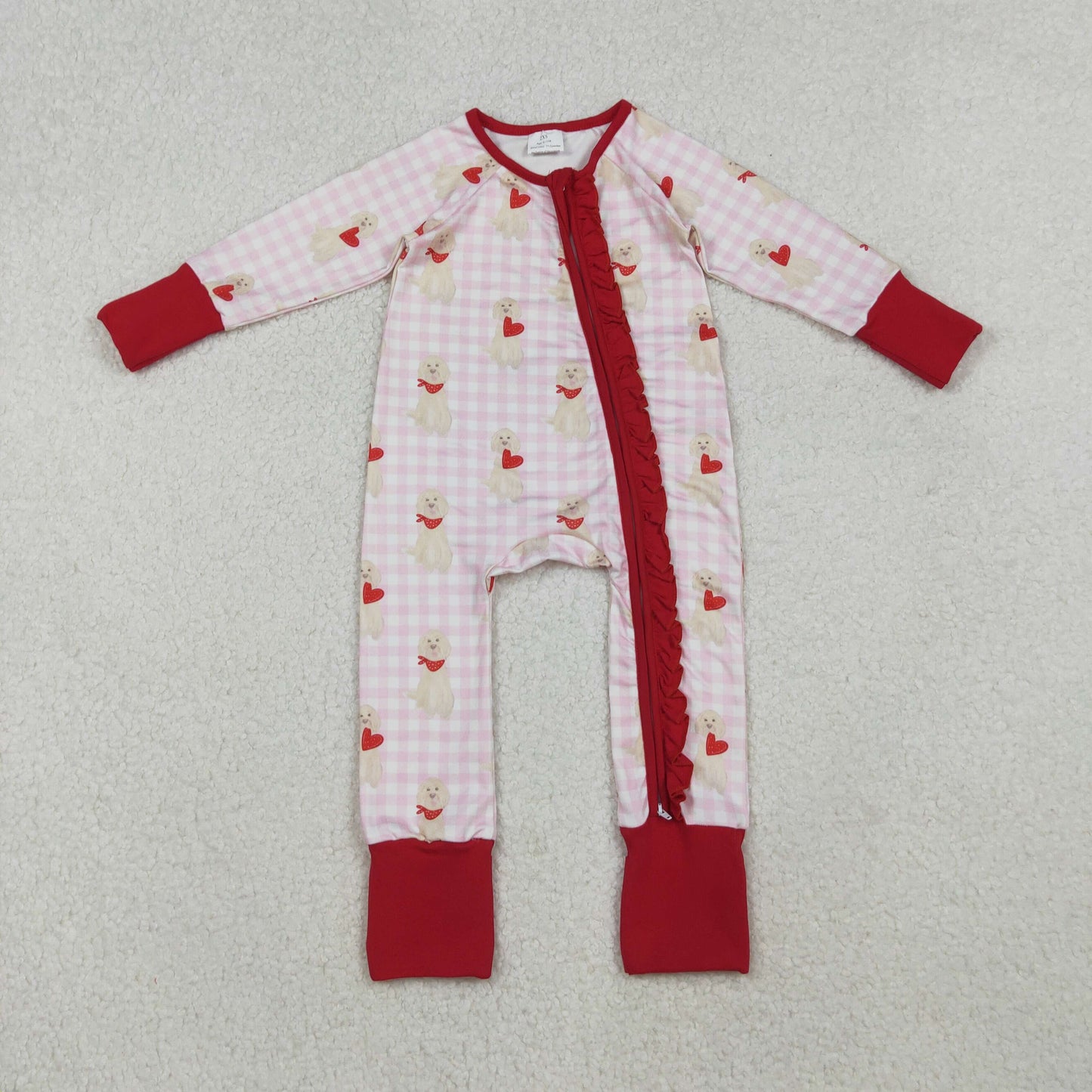 10.18 RTS NO MOQ (In stock)LR2681 Baby Girls Winter Rompers Baby Girls Pink Checked Dogs Hearts Valentine Ruffle Zipper Footie Romper