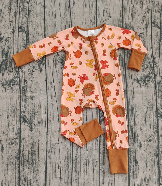 9.27 LR2689 Sample No Moq Baby Boys Bows Turkey Pumpkins Thanksgiving Zipper Footie Rompers