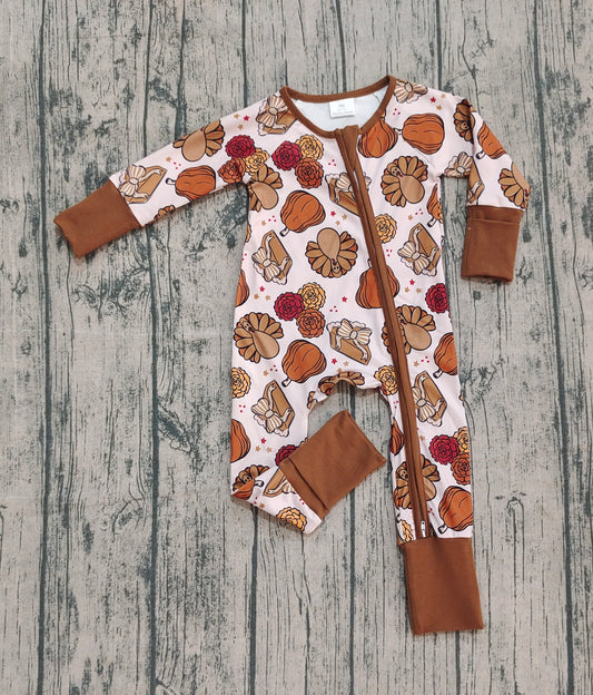 9.29 LR2690 Sample No Moq Baby Boys Pie Turkey Pumpkins Thanksgiving Zipper Footie Rompers