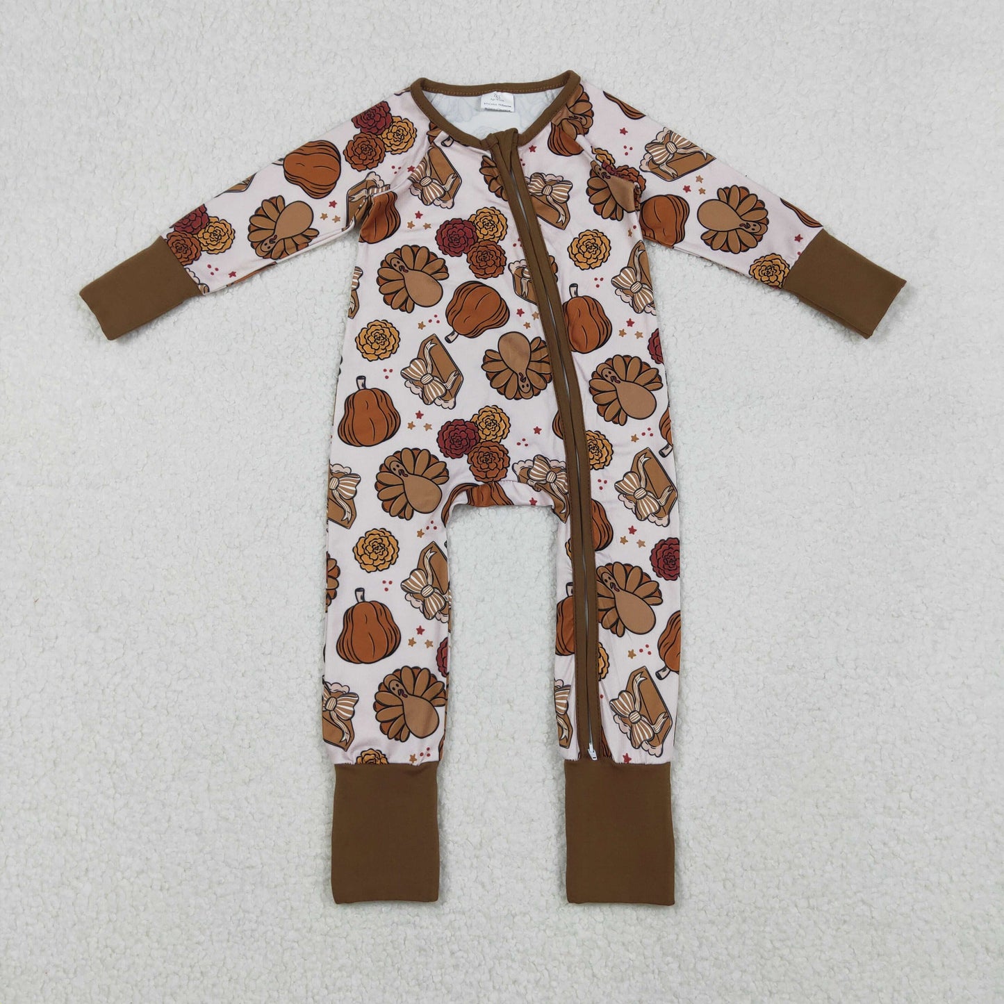 10.21 RTS NO MOQ (In stock)LR2690 Baby Boys Winter Rompers Baby Boys Pie Turkey Pumpkins Thanksgiving Zipper Footie Rompers
