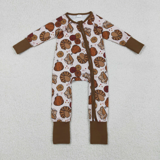 10.21 RTS NO MOQ (In stock)LR2690 Baby Boys Winter Rompers Baby Boys Pie Turkey Pumpkins Thanksgiving Zipper Footie Rompers