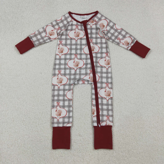 10.10 RTS NO MOQ (In stock)LR2691 Baby Boys Winter Rompers Baby Boys Turkey Checked Thanksgiving Zipper Footie Rompers