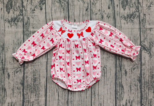 9.24 LR2696 Sample No Moq Embroidery Baby Girls Red Bows Hearts Valentine Ruffle Rompers