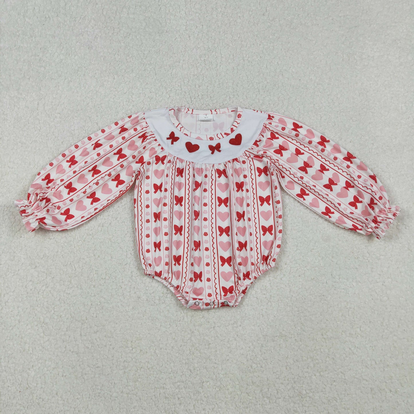 10.17 RTS NO MOQ (In stock)LR2696 Baby Girls Winter Rompers Embroidery Bows Hearts Baby Girls Stripe Valentine Ruffle Rompers