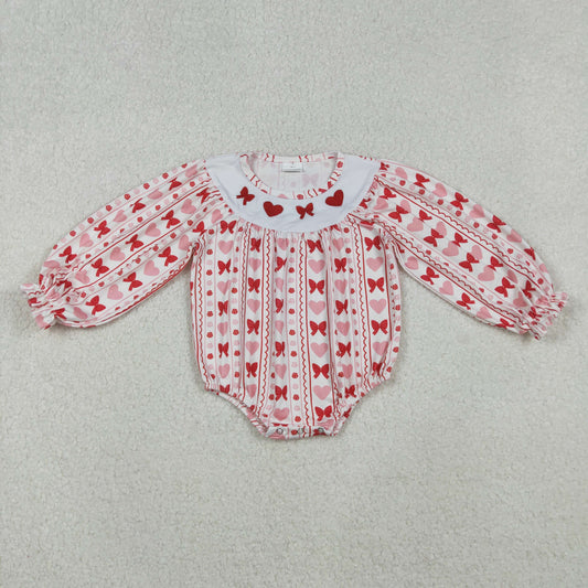 10.17 RTS NO MOQ (In stock)LR2696 Baby Girls Winter Rompers Embroidery Bows Hearts Baby Girls Stripe Valentine Ruffle Rompers