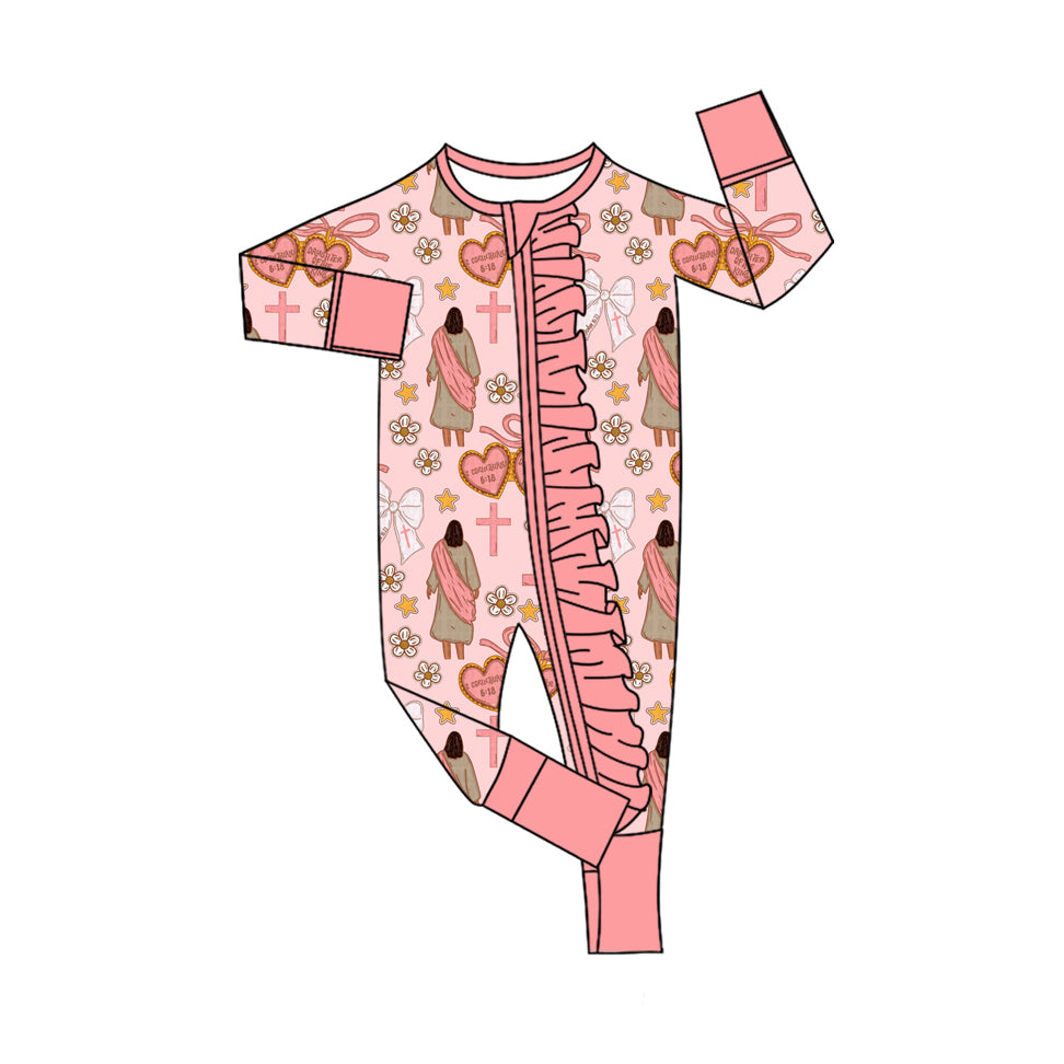 9.20 LR2697 Baby Girls Pink Nativity Crosses Christmas Ruffle Zipper Footie Rompers Preorder