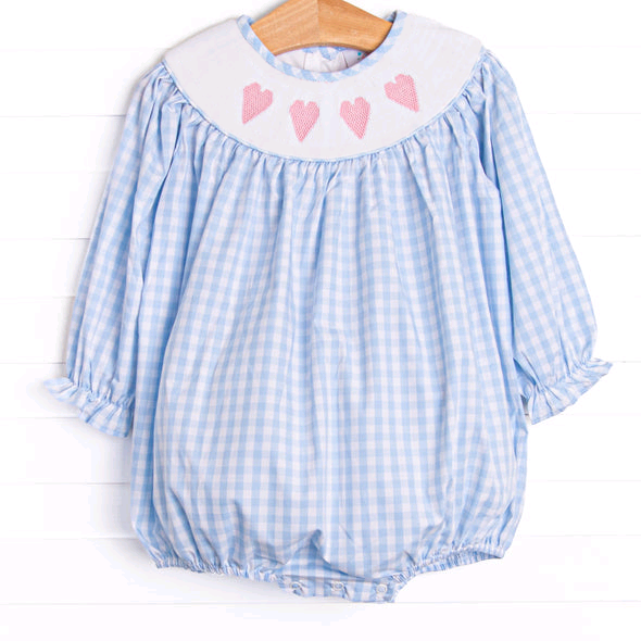 9.22 LR2701 Baby Girls Blue Checked Hearts Valentine Ruffle Rompers Preorder