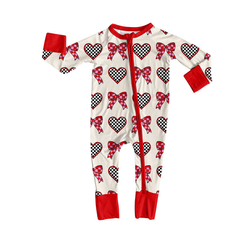 9.22 LR2703 Baby Girls Bows Hearts Valentine Zipper Footie Rompers Preorder
