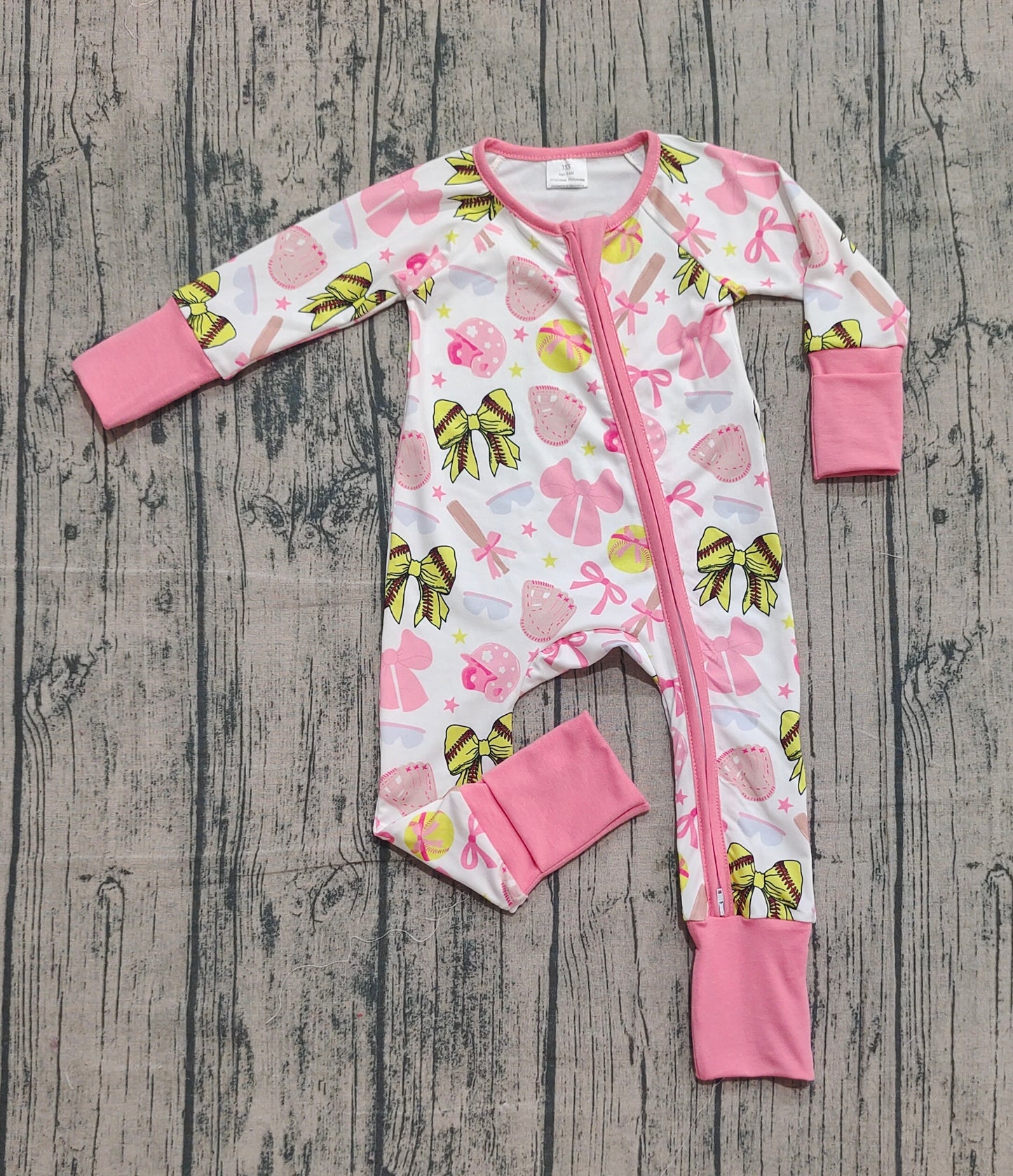 10.1 LR2705 Sample No Moq Baby Girls Pink Yellow Bows Baseballs Team Zipper Footie Rompers