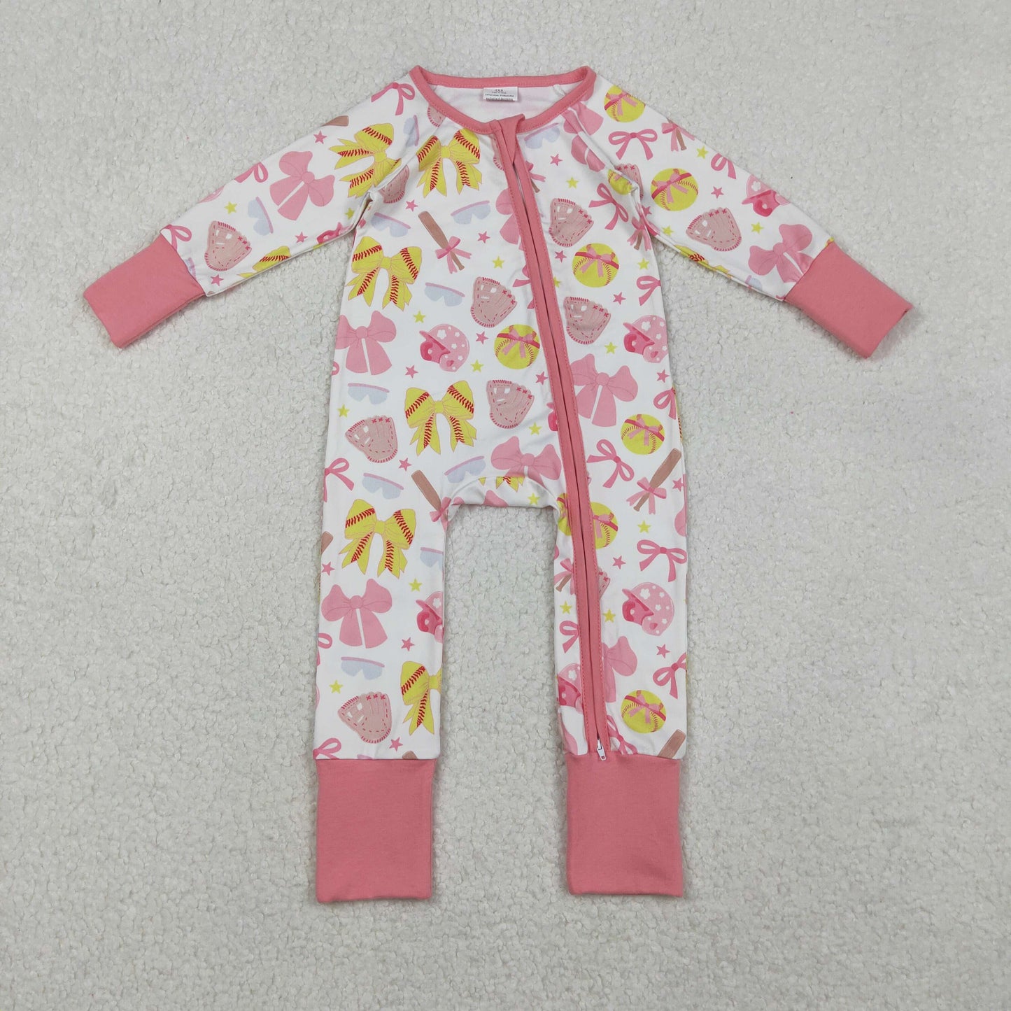 10.23 RTS NO MOQ (In stock)LR2705 Baby Girls Winter Rompers Baby Girls Pink Yellow Baseballs Bows Team Zipper Footie Rompers