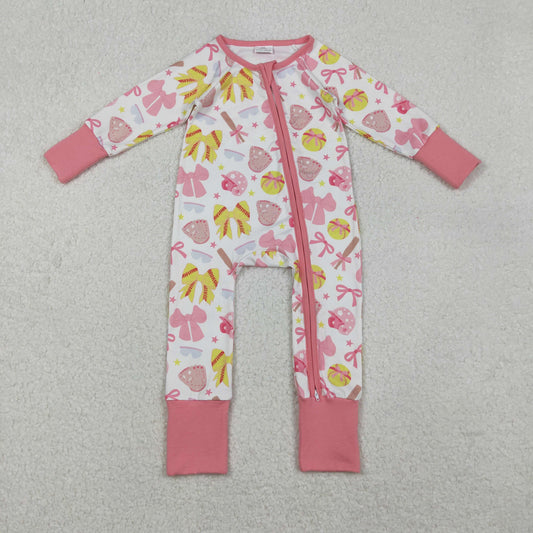 10.23 RTS NO MOQ (In stock)LR2705 Baby Girls Winter Rompers Baby Girls Pink Yellow Baseballs Bows Team Zipper Footie Rompers