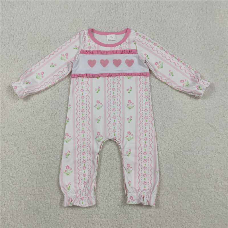 11.29 RTS NO MOQ (In stock)LR2714 Baby Girls Winter Rompers Embroidery Hearts Baby Girls Flowers Stripe Valentines Ruffle Footie Rompers