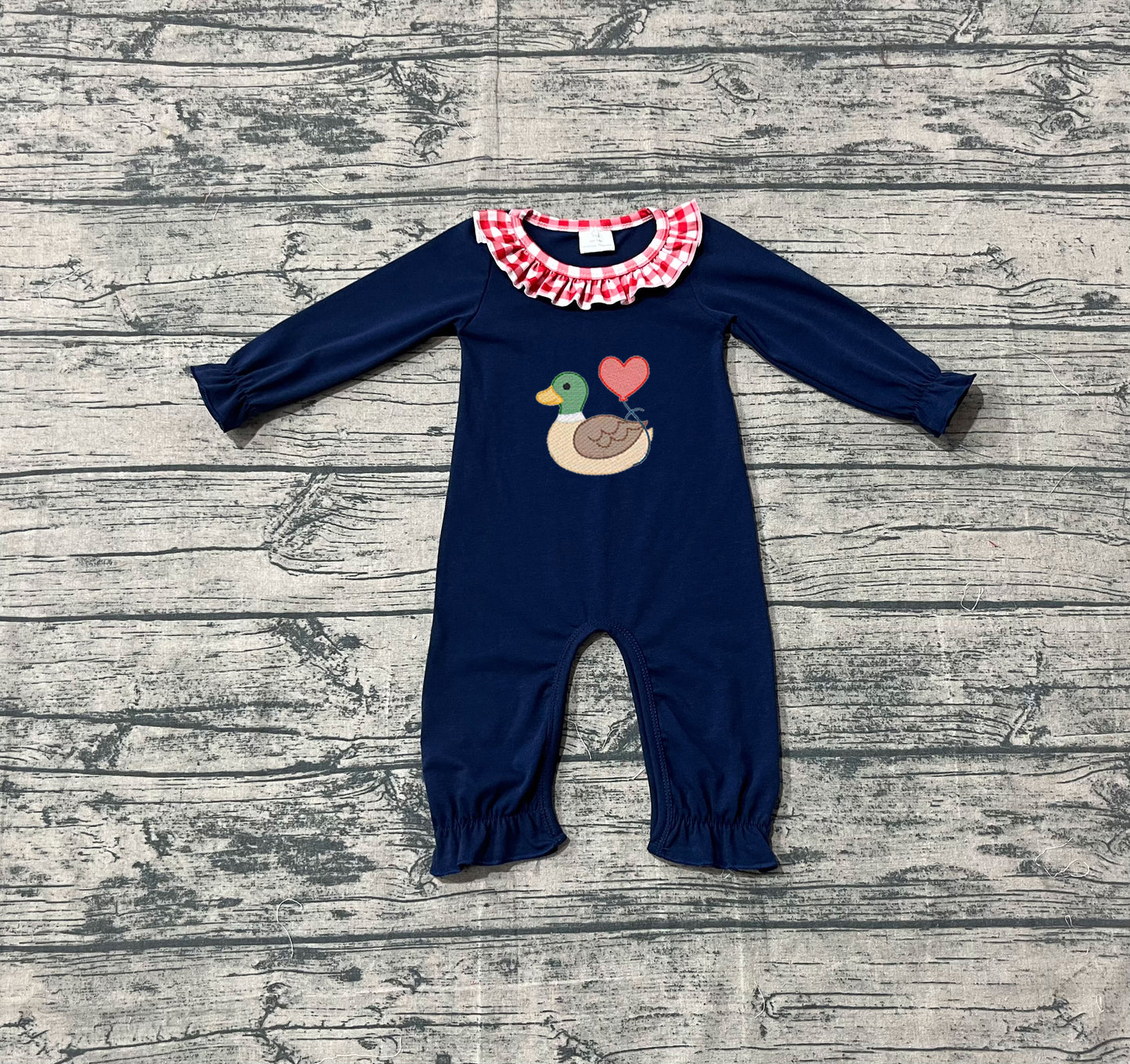 10.4 LR2720 Sample No Moq Embroidery Heart Ducks Baby Girls Ruffle Collar Footie Rompers