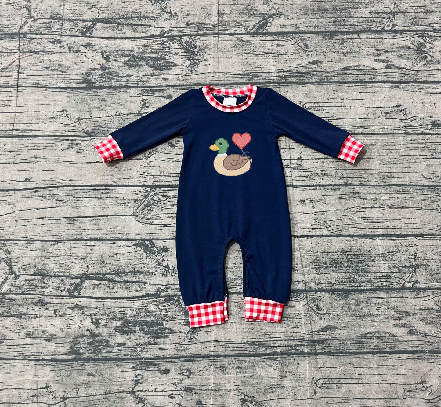 10.4 LR2721 Sample No Moq Embroidery Heart Ducks Baby Boys Navy Footie Rompers