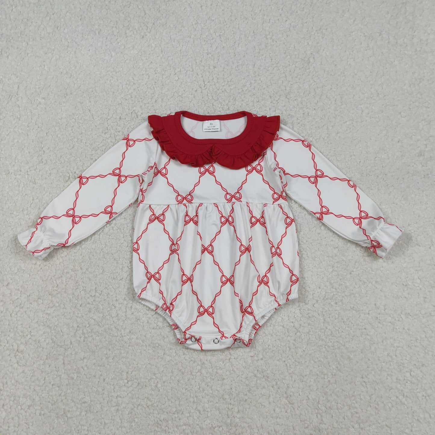 12.8 RTS NO MOQ (In stock)LR2725 Baby Girls Winter Rompers Baby Girls Red Bows Checked Valentines Ruffle Collar Rompers