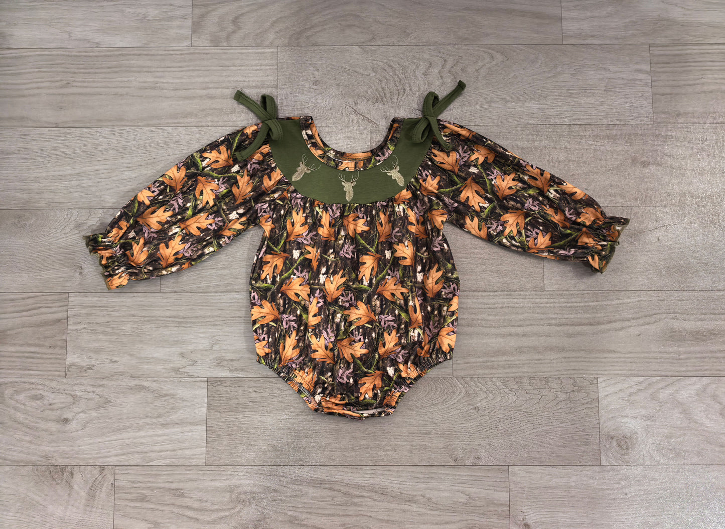 LR2728 Sample No Moq milk silk Embroidery Green Leaf Camo Baby Girls Long Sleeve Rompers