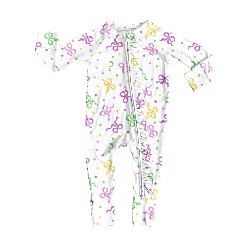 9.26 LR2735 Pre order No Moq Baby Girls Mardigras Bows Polka Dots Zipper Rompers