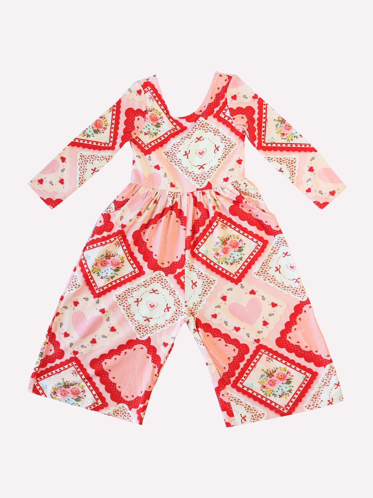 10.2 LR2751 Pre order No Moq Baby Girls Red Hearts Flowers Checked Valentine Pant Jumpsuits
