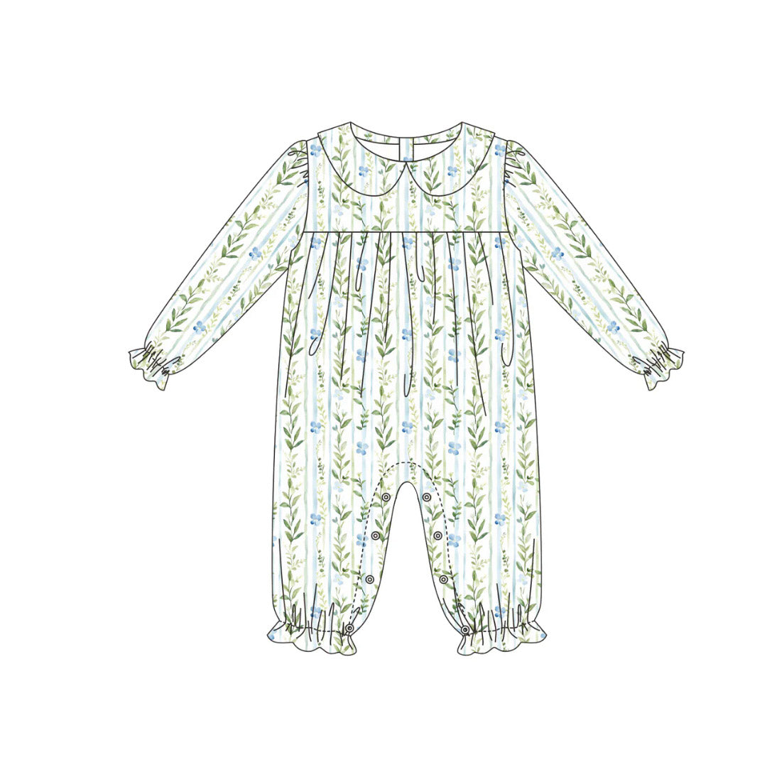 10.3 LR2755 Pre order No Moq Baby Girls Long Sleeve Green Blue Flowers Stripe Ruffle Footie Rompers