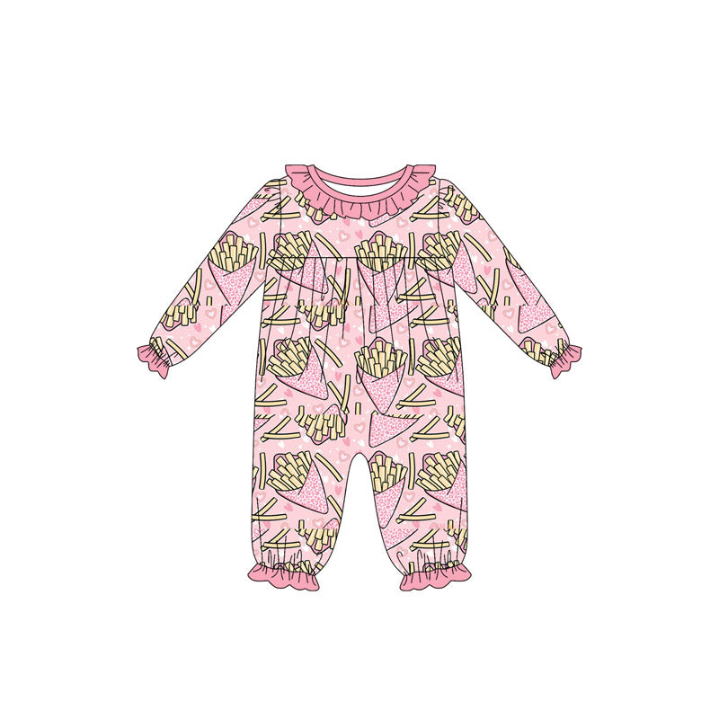 10.4 LR2760 Pre order No Moq Baby Girls Long Sleeve Hearts Chips Valentine Ruffle Footie Rompers
