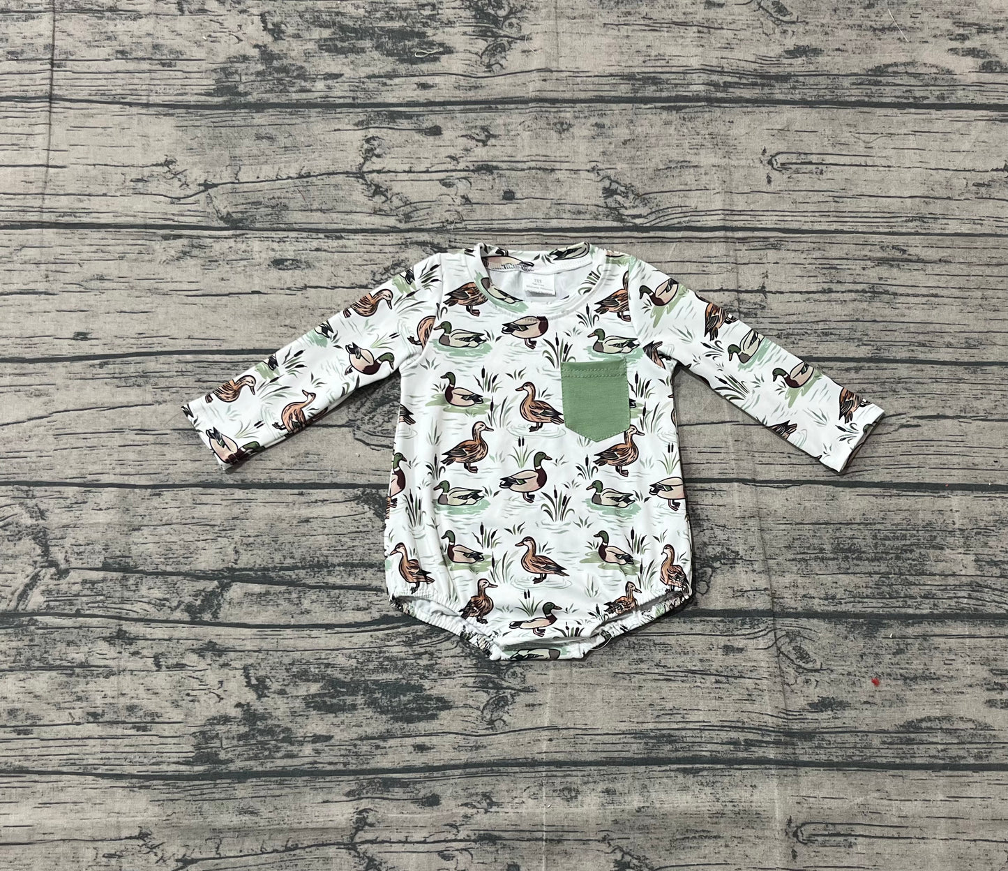 10.4 LR2762 Sample No Moq Baby Boys Long Sleeve Green Ducks Plaid Pocket Southern Rompers