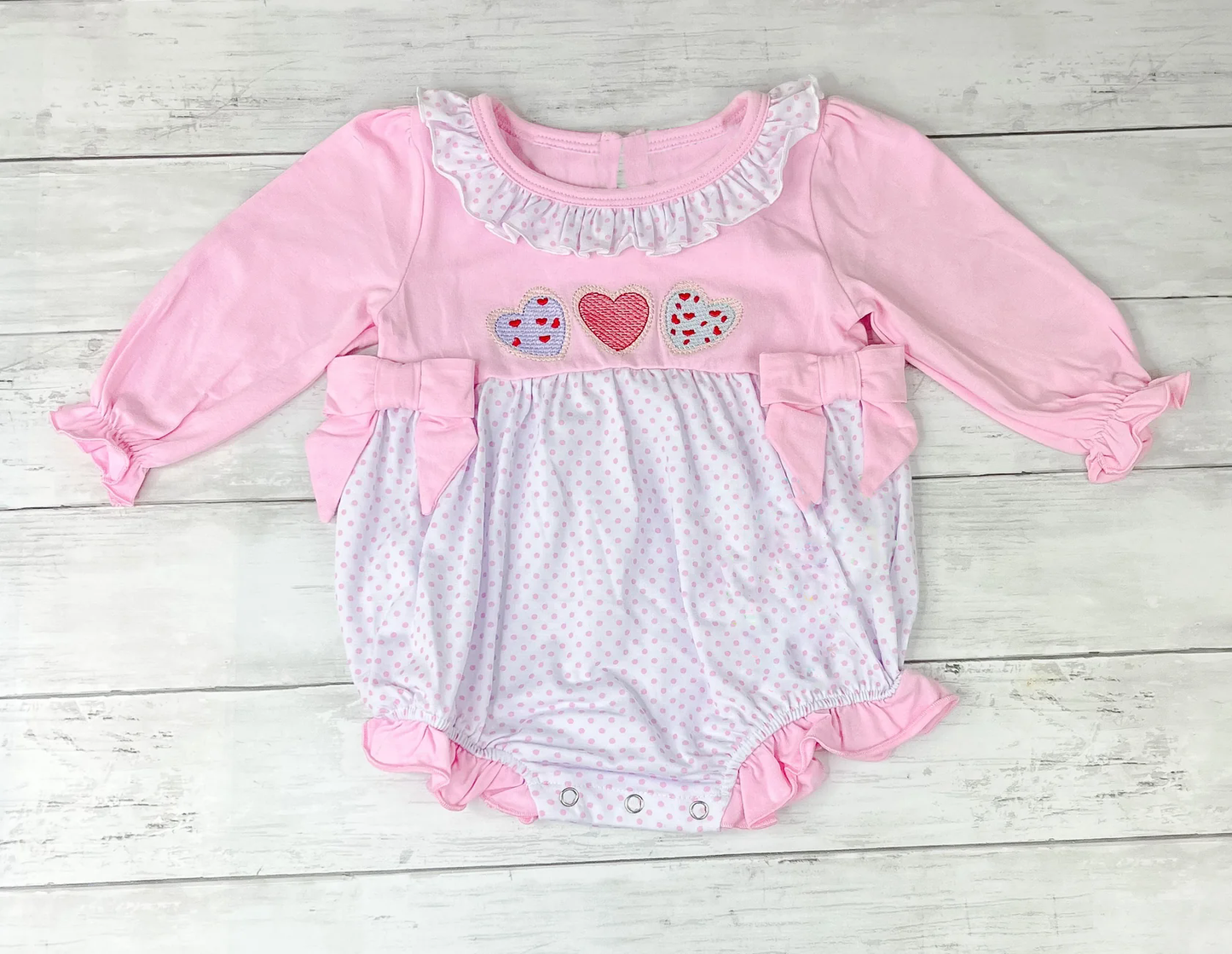 10.11 LR2766 Pre order No Moq Baby Girls Long Sleeve Hearts Bows Valentine Ruffle Rompers