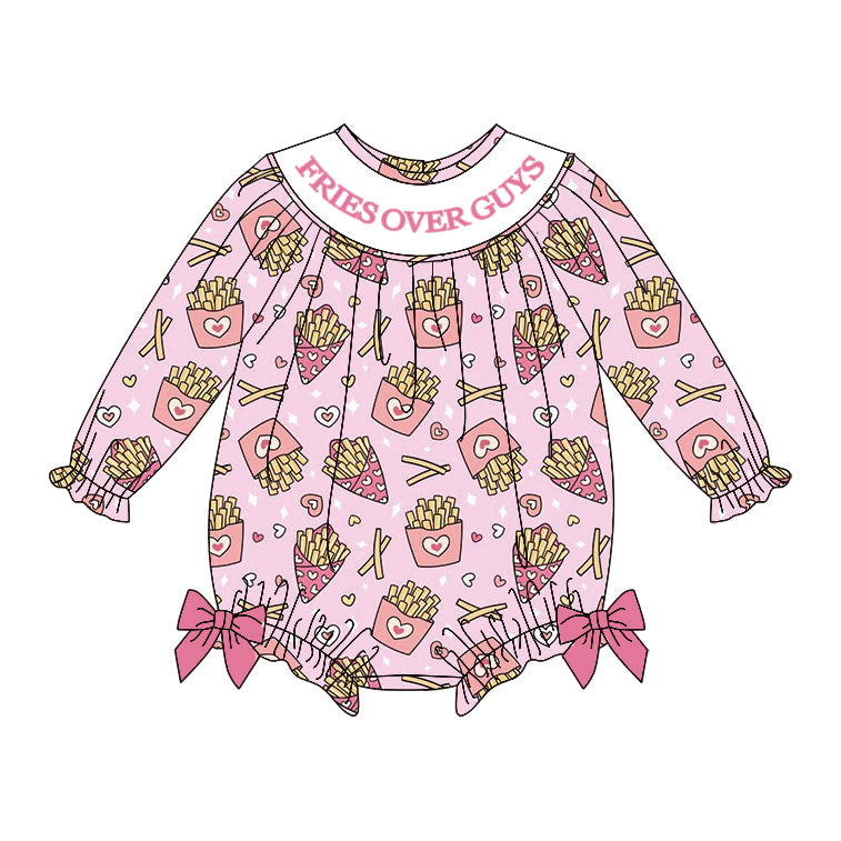 10.11 LR2768 Pre order No Moq Baby Girls Pink Hearts Chip Fries Over Guys Valentine Ruffle Bows Rompers