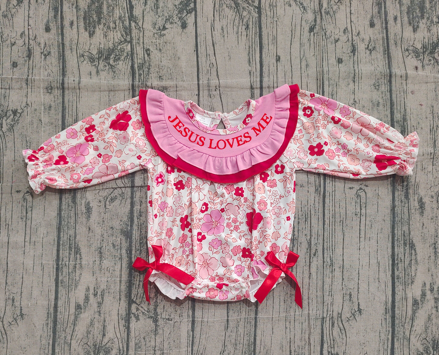 11.11 LR2769 Sample No Moq Baby Girls Pink Red Flowers Jesus Love Me Ruffle Bows Rompers
