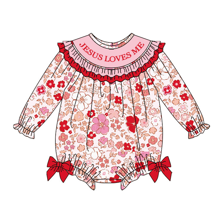 10.11 LR2769 Pre order No Moq Baby Girls Pink Red Flowers Jesus Love Me Ruffle Bows Rompers