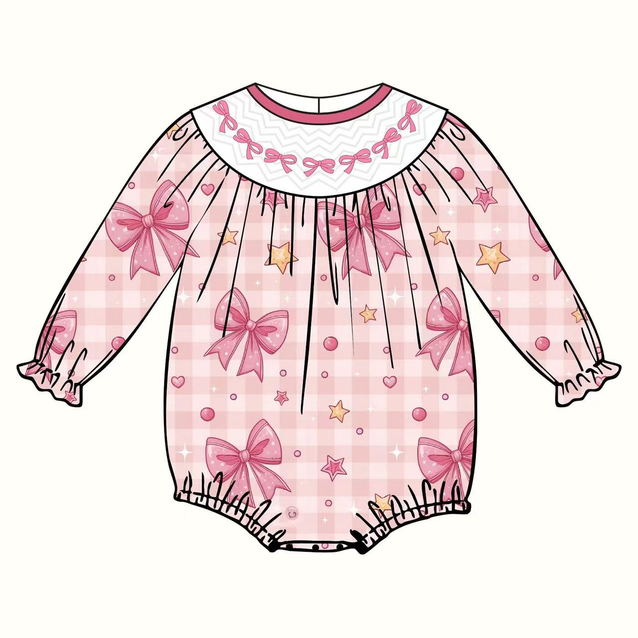 10.11 LR2771 Pre order No Moq Baby Girls Pink Checked Bows Stars Valentine Ruffle Sleeve Rompers