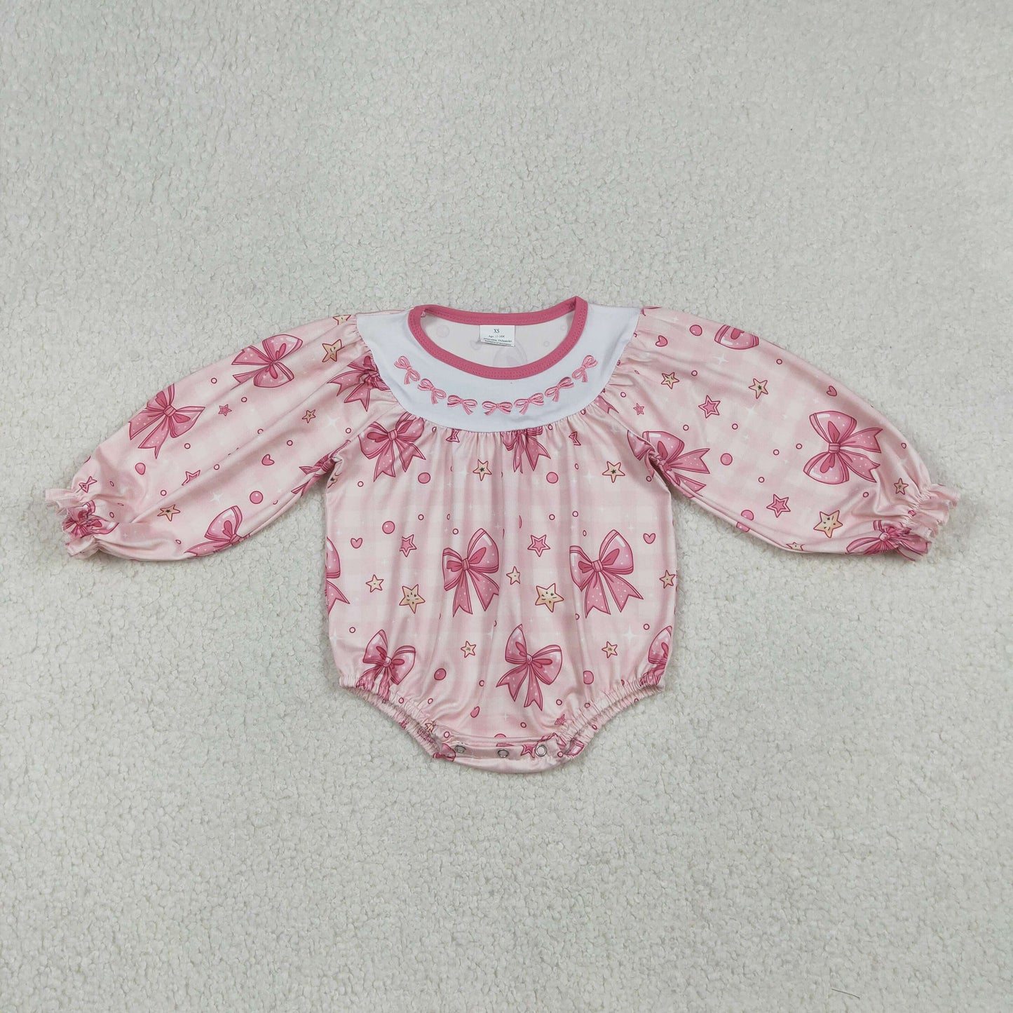 12.24 RTS NO MOQ (In stock)LR2771 Baby Girls Winter Rompers Embroidery Bows Baby Girls Pink Stars Valentines Ruffle Rompers
