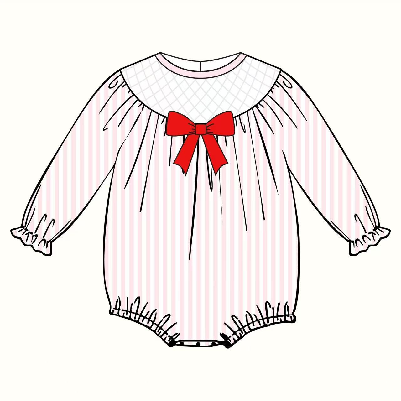 10.11 LR2773 Pre order No Moq Baby Girls Light Pink Stripe Red Bows Valentine Ruffle Sleeve Rompers