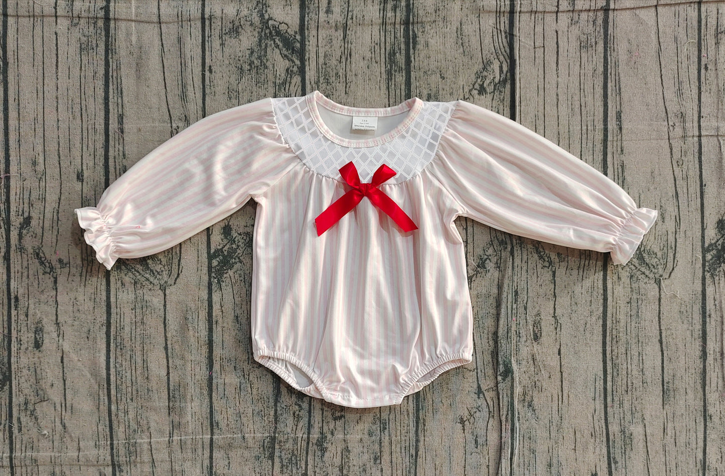 11.26 LR2773 Sample No Moq Embroidery Checked Baby Girls Pink Stripe Bows Valentines Ruffle Rompers