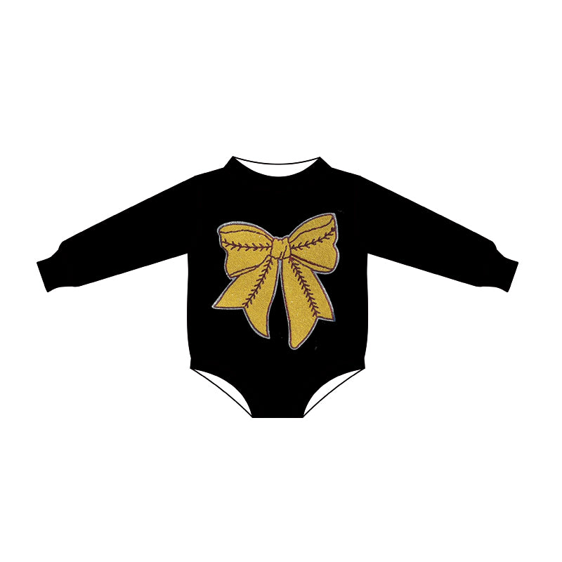 10.13 LR2774 Pre order No Moq Baby Girls Black Long Sleeve Gold Bows Rompers
