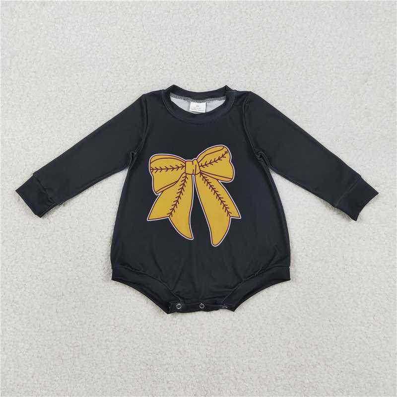 11.26 RTS NO MOQ (In stock)LR2774 Baby Girls Black Long Sleeve Gold Baseballs Bows Team Rompers