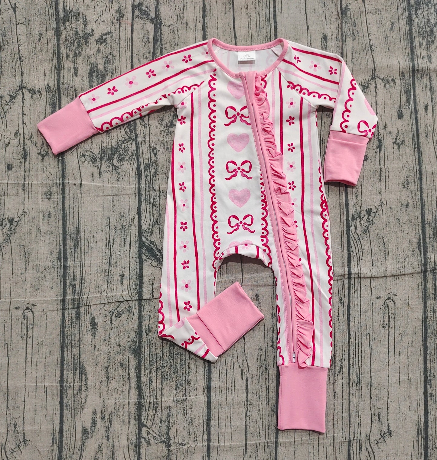10.20 LR2781 Sample No Moq Baby Girls Pink Bows Hearst Stripe Valentine Ruffle Zipper Footie Rompers